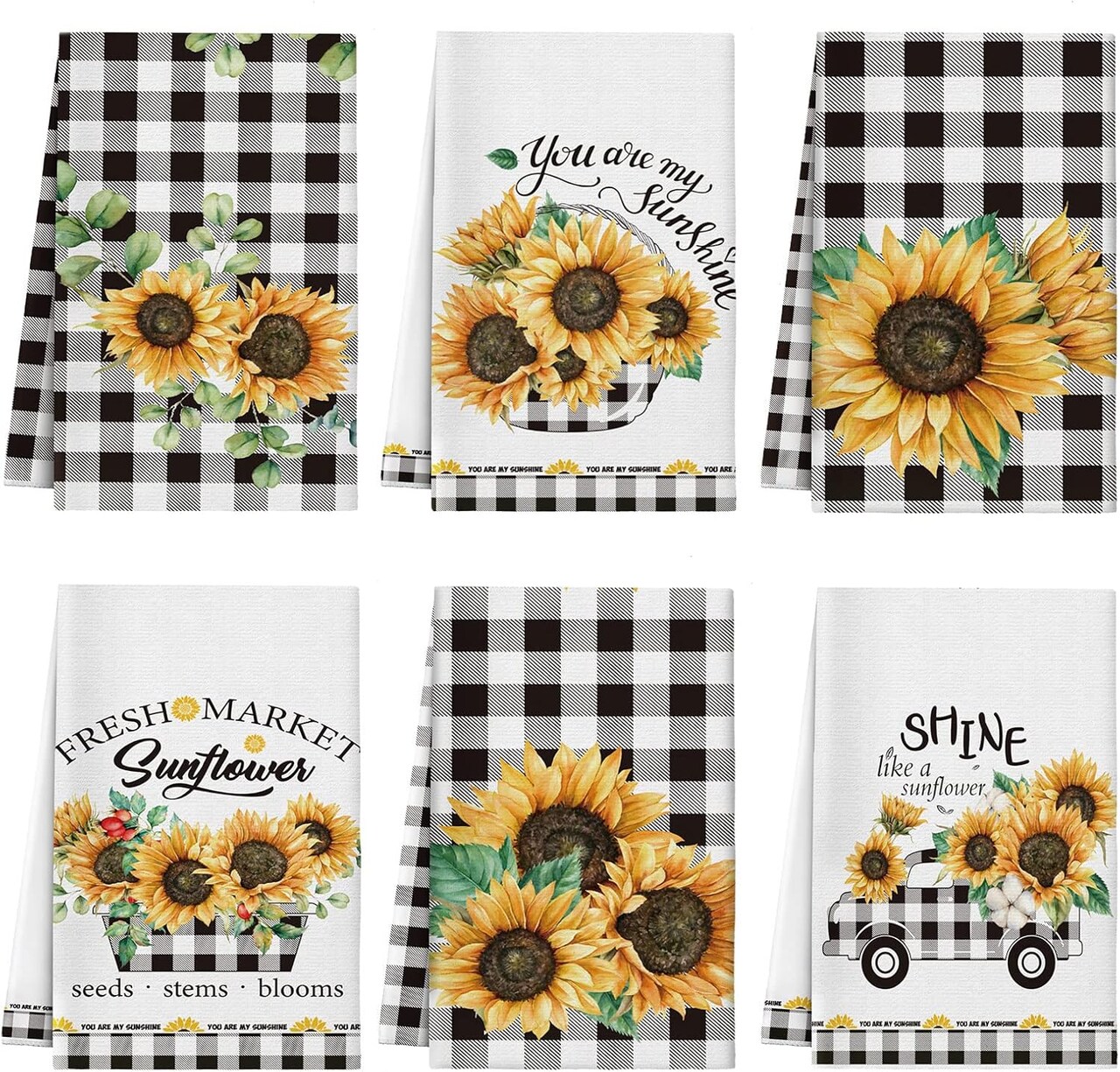 6PCS Sunflower Kitchen Towels – Buffalo Plaid Summer Dish Towels, Ultra Absorbent Black & White Hand Towels for Kitchen, Bathroom & Housewarming Gift Set